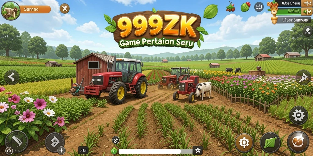 Tangkapan layar permainan 999ZK menampilkan ladang yang subur dan hewan ternak yang bahagia.