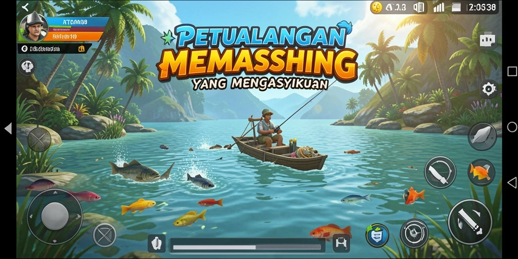 Screenshot gameplay ATOM138 dengan suasana laut yang indah.