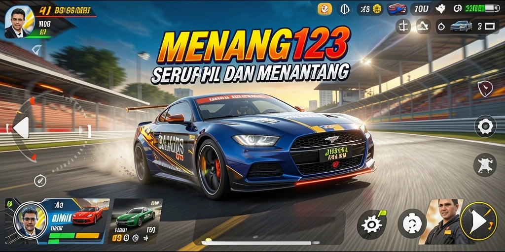 Tampilan screenshot utama MENANG123 menampilkan aksi balap yang intens dan mendebarkan.