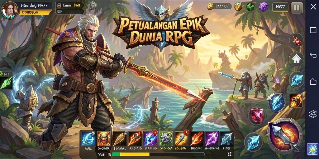 Screenshot gameplay <strong>NV77</strong> yang menunjukkan pertarungan epik dan eksplorasi dunia fantastis.