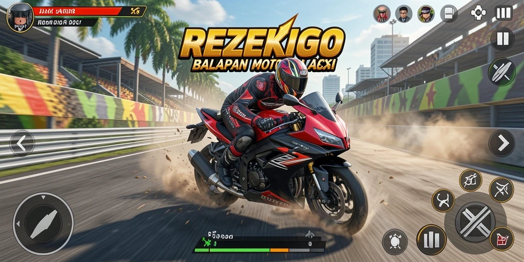 Tampilan gameplay menegangkan di REZEKIGO dengan motor balap di trek.
